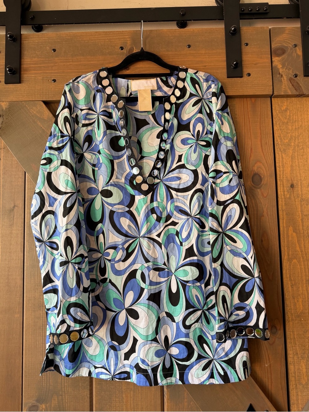 MICHAEL Michael Kors Blue, Mint & Black Floral Geometric Tunic with Stud Trim